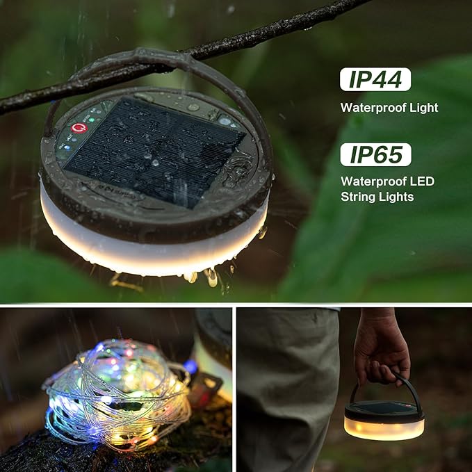 Solar Camping String Lights, 4 in 1 Camping String Lights Outdoor(39.4ft) with 8 Lighting Modes, Solar Powered and USB Rechargeable Light with Remote Control for Camping, Yard and Hiking
