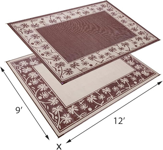 Stylish Camping Outdoor Patio / RV Camping Mat - Palm Tree (Brown/Beige, 9-Feet x 12-Feet) - 209127