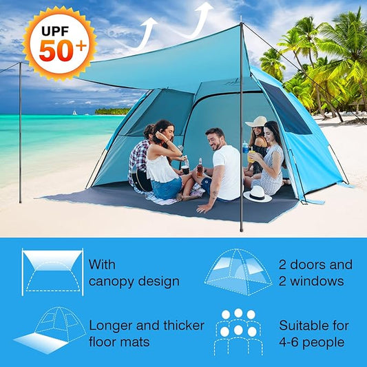 DLUCKY Beach Tent for 1/2/3/4/5/6 Person,Anti-UV Portable Sun Shade ShelterUPF 50+,Both Sides Extendable Floor,Extendable Awning,with 2 Ventilating Mesh Windows,Lightweight & Easy Setup.