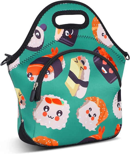 Violet Mist Women's Neoprene Insulated Lunch Bag Thermal Resealable Lunch Bag Tote Large with Extra Pocket Detachable Adjustable Shoulder Strap, Eye Sushi