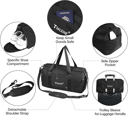 BALEINE Gym Bag for Women and Men, Duffel Bag for Sports, Gyms and Weekend Getaway, Waterproof Dufflebag with Shoe and Wet Clothes Compartments, Lightweight Carryon Gymbag (Black)