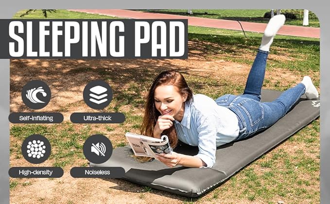 Throntrax Camping Sleeping Pad - Ultralight Camping Mat with Pillow Built-in - 3.1" Thick | Self-Inflating & Suitable for All Seasons - Compact Sleeping Pad for Camping - Grey