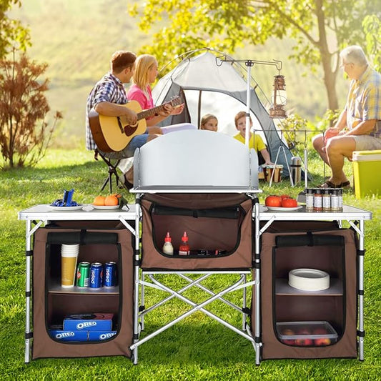 VBENLEM Camping Kitchen Table, Aluminum Portable Folding Camp Cook Table with Windshield, 3 Cupboard, Storage Organizer, Quick Installation for Outdoor Picnic Beach Party Cooking, Brown