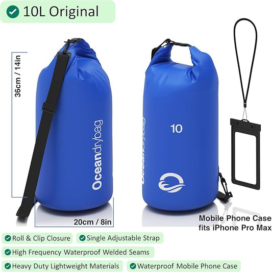 Oceandrybag - Waterproof Dry Bag Backpack - Floating Dry Sack Portable for Kayaking, Beach, Rafting, Boating, Hiking, Camping, Fishing with Waterproof Phone Case
