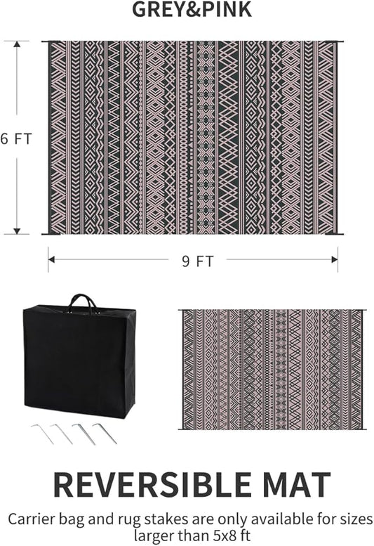 MontVoo Outdoor Rug Carpet Waterproof 6x9 Outdoor Patio Rug Mat Reverisble Plastic Straw Outdoor Rug for RV Camping Picnic Beach Balcony Boho Pink Grey