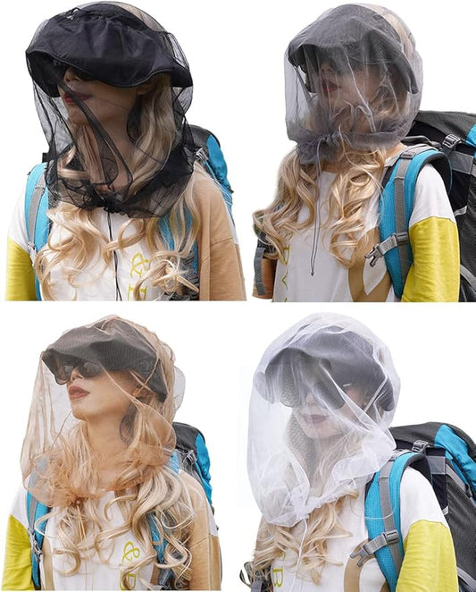 wohohoho Mosquito Head Net Mesh with Drawstring, Bug Face Netting for Hats, Mesh Face Shield for Men & Women Beekeeper Net Mask Protection for Midges, Bugs & Gnats (4 Packs, Mix Colors, Updated Size)