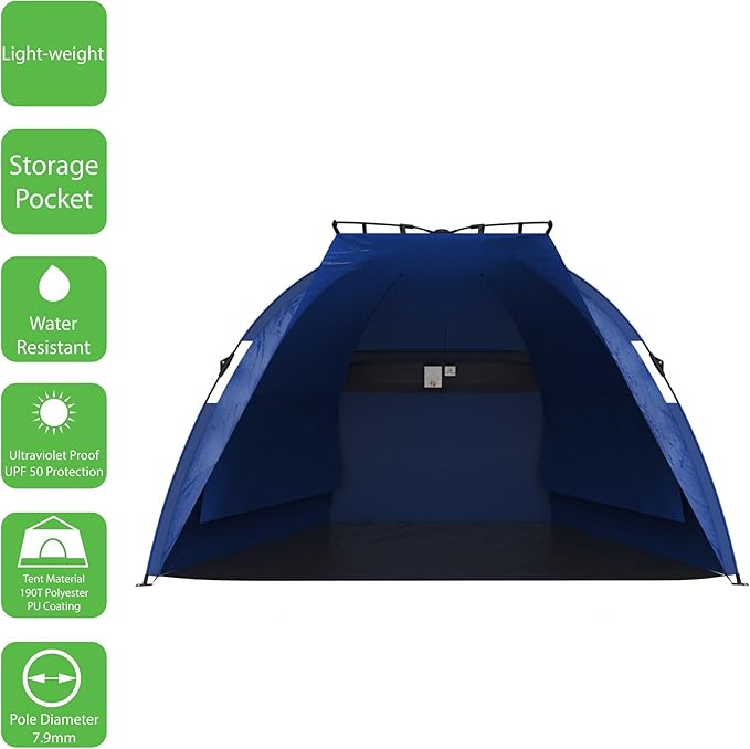 Pop Up Beach Tent Sun Shelter for Shade with UV Protection, Water and Wind Resistant, Instant Set Up and Carry Bag by Wakeman Outdoors, Navy, 55" x 87" (153133NYX)