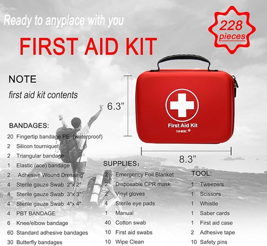 Compact First Aid Kit (228pcs) Designed for Family Emergency Care. Waterproof EVA Case and Bag is Ideal for The Car, Home, Boat, School, Camping, Hiking, Office, Sports. Protect Your Loved Ones. Red