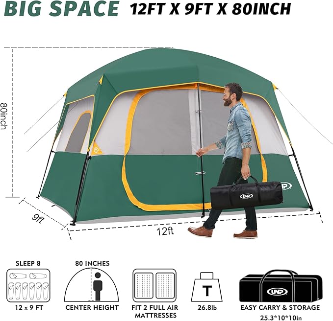 UNP 2/4/6/8 Person Tent, Portable Cabin Tent, Camping Tent 4-Person Easy Set Up, Waterproof with Top Rainfly for Outdoor Camping/Hiking