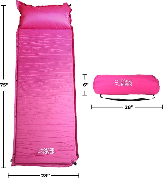 OSAGE RIVER Self Inflating Sleeping Pad with Built-in Pillow, Compact Memory Foam Sleep Mat, Camping Air Mattress for Tent, Travel, Backpacking, or Hiking