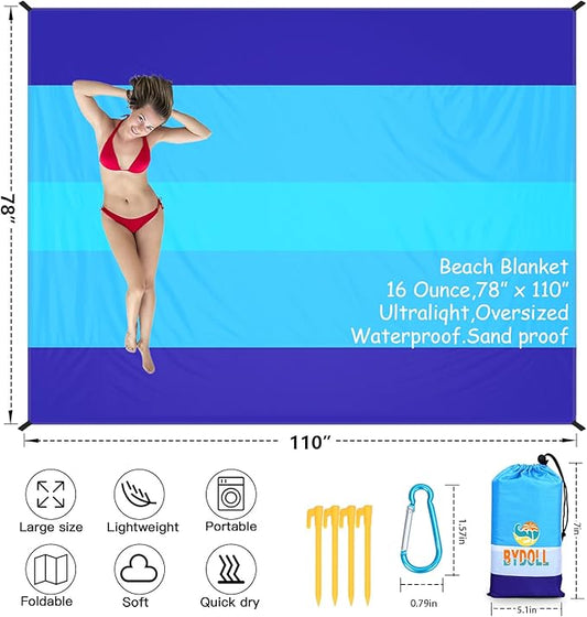BYDOLL Beach Blanket 78''X81'' 4-7 Adults Oversized Lightweight Waterproof Sandproof Blanket for Beach Large Picnic Mat Travel Camping