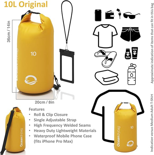 Oceandrybag - Waterproof Dry Bag Backpack - Floating Dry Sack Portable for Kayaking, Beach, Rafting, Boating, Hiking, Camping, Fishing with Waterproof Phone Case