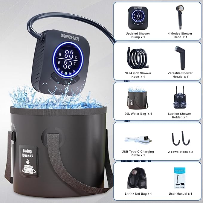 Portable Camping Shower Pump, 5 Speed Mode, 8000mAh Rechargeable Shower Pump, 4 Mode Shower Head and 20 L Foldable Bucket, Camp Shower for Hiking,Travel Beach, Pet Bath, Car Washing