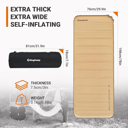 KingCamp Self Inflating Air Mattress, R 6.5 Foam Sleeping Pad for Single Adult 3" Thick Camping Mat Camping Essentials with Perforated Foam Core for Outdoor Tent Cot Car Backpacking (Khaki/Charcoal)