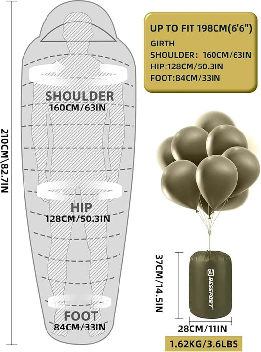 Bessport Mummy Sleeping Bag | 15-45 ℉ Extreme 3-4 Season Sleeping Bag for Adults Cold Weather– Warm and Washable, for Hiking Traveling & Outdoor Activities