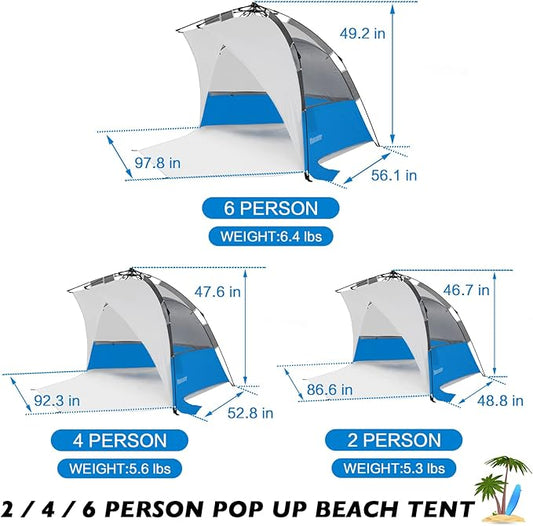 Beach Tent Pop Up Shade, Instant Beach Tents Sun Shelter with UPF 50+ UV Protection, Lightweight & Easy Setup Tent 2-6 Person