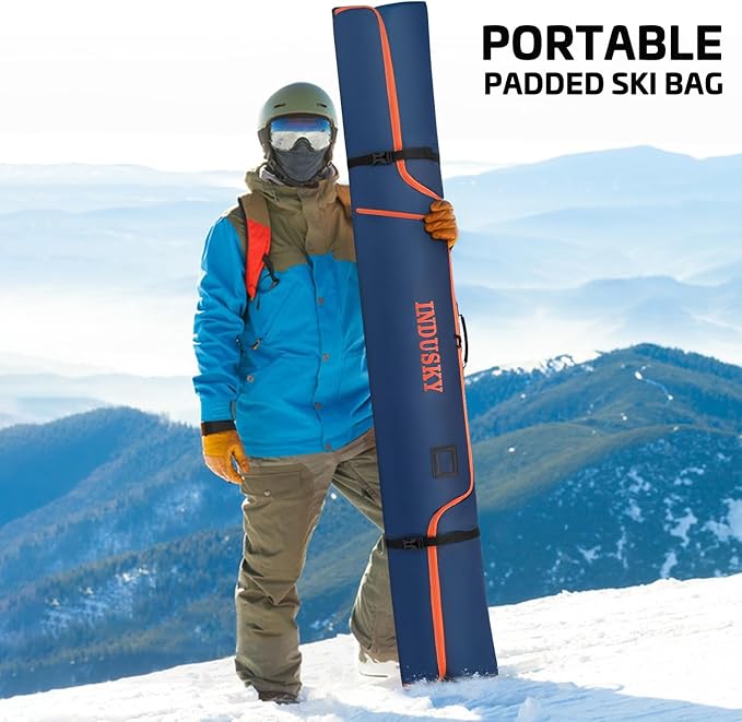 Padded Ski Bag - Waterproof, Adjustable Length, Fits Skis Up to 200cm, Portable Snow Travel Bag with Removable Shoulder Strap