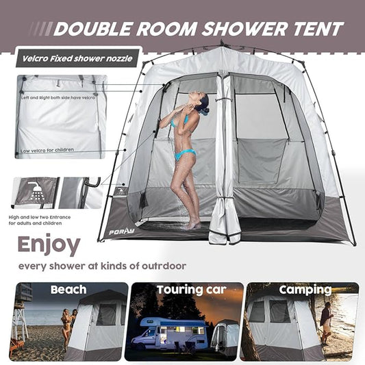Camping Shower Tent Deluxe Changing Room Easy Set Up Privacy Shelter,Large Toilet Tent 2 Rooms with Floor Drain Design for Beach, Camping,Hiking with Stakes and Ropes for Stability