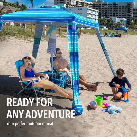 6x6 Easy Up Cabana - Sun Shelter with Privacy Wall, Canopy Includes Umbrella Table Tray, Towel Hanger, and Sand Anchor Shade (Beach Stripes)