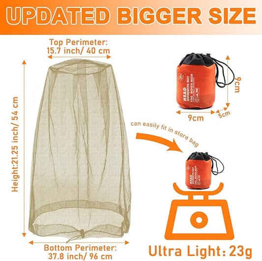 Benvo Mosquito Head Net Mesh, Face Neck Fly Netting Hood from Bugs Gnats Noseeums Screen Net for Any Outdoor Lover- with Carry Bags Fits Most Sizes of Hats Caps (2pcs, Khaki, Updated Big Net)