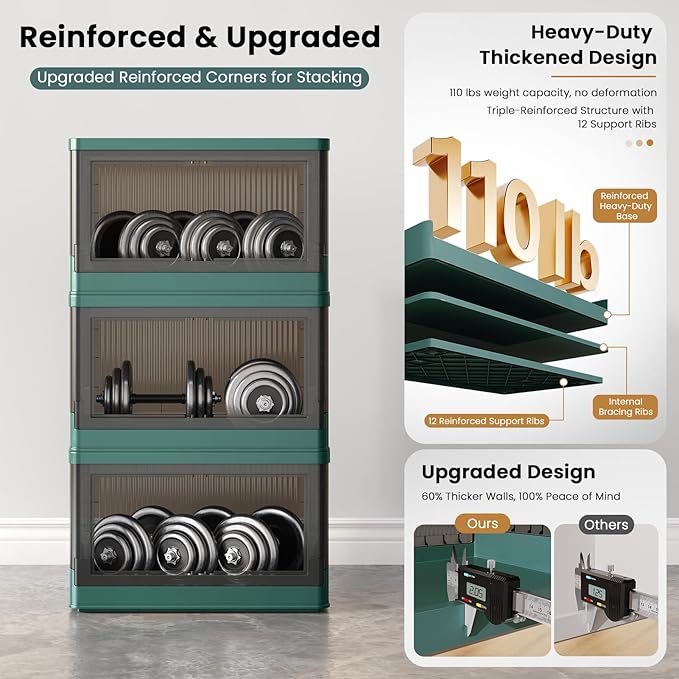 8.4Gal Collapsible Storage Bins with Lids & Wheels - 6 Pack Stackable with Doors, Heavy-Duty Plastic Containers for Home/Office, Green