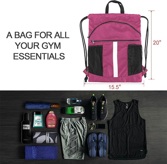 BeeGreen Drawstring Backpack Bag with Shoe Compartment, X-Large Black Gym Sports String Cinch Backpack