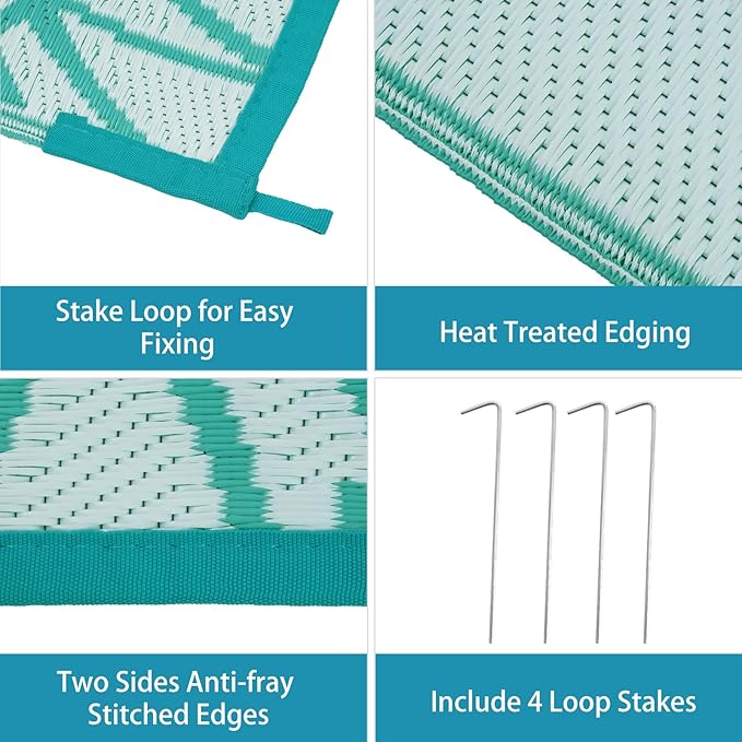 Anidaroel Leaf Outdoor Rugs 6x9ft for Patios Clearance Waterproof, Reversible Tropical Plastic Straw Camping Mat Outside Rug, Large Outdoor Area Rug for RV, Deck, Balcony, Picnic(Blue,6'x9')