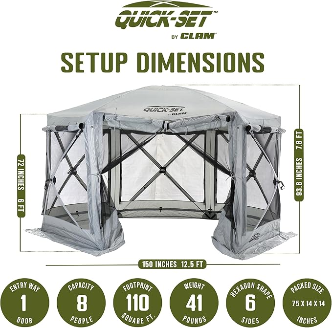 CLAM Pop Up Screen Tent, Outdoor Camping Gazebo Canopy, Pavilion, 12.5', Gray - Heavy-Duty Portable Screened Shelter with Netting for Beach, Patio, and Backyard