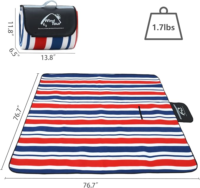 Wind Tour Family Outdoor Waterproof Durable Picnic Blankets with Carry Strap Foldable Sandproof Picnic Floor Mat for Kids Playground Camping Hiking Grass Travelling (1, Red & blue stripes-200*200cm)