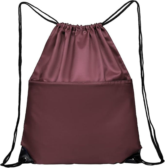 BuyAgain Drawstring Backpack Sports Water Resistant String Bag Sport Gym Sackpack for Women Men Large with Zipper, Burgundy