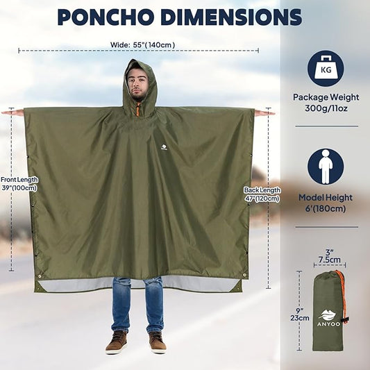ANYOO Hooded Rain Poncho for Adults Waterproof Lightweight Rain Coat for Men Women Reusable Rain Jacket for Emergency Outdoor