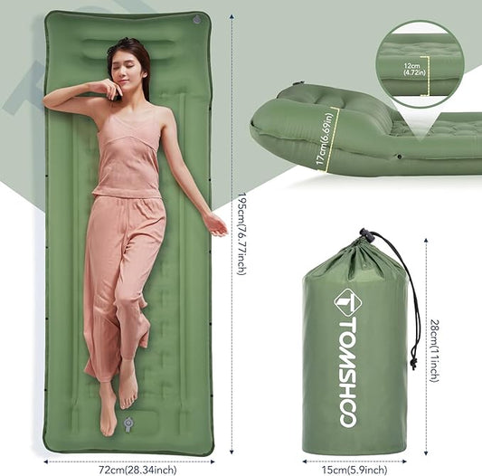 TOMSHOO Sleeping Pad, Ultralight Camping Mat Inflatable Sleeping Mat 77''X28'' Camping Mattress with Pillow Built-in Foot Pump with 2 Carabiners for Camping, Hiking, Travel, Tent