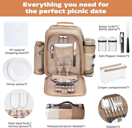 24L Insulated Picnic Basket Leak Proof Picnic Backpack for 2, Light Brown Camping Gifts, Cool Bridal Shower Gifts for Bride & Groom, Mr & Mrs, Anniversary Engagement Wedding for Newly Engaged Couples