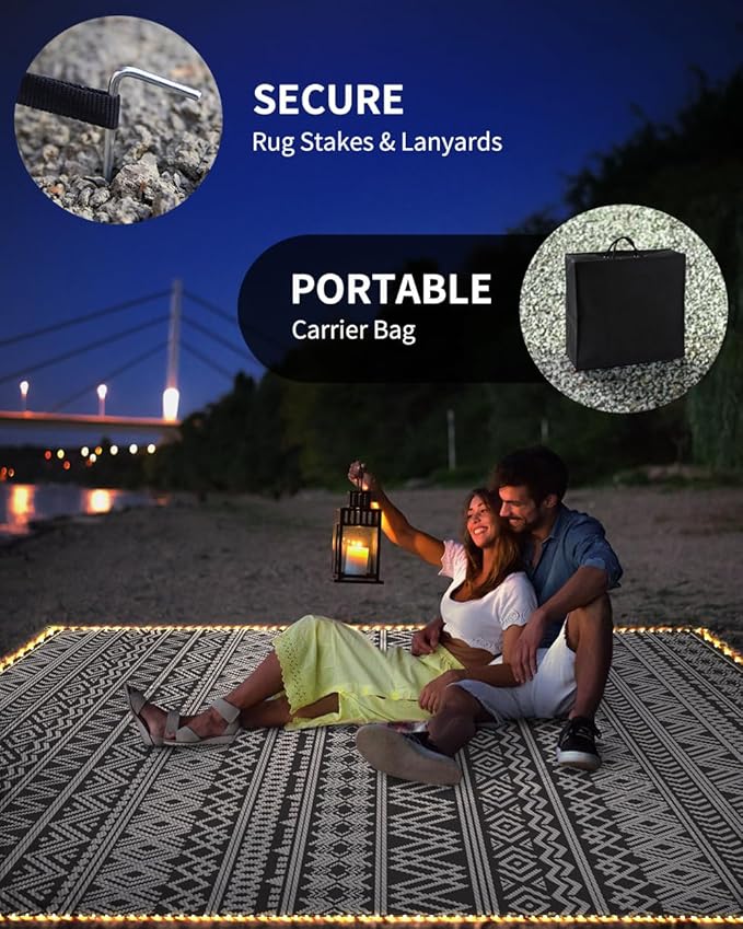 MontVoo-Outdoor Rug Carpet 6x9 ft for Patio RV Camping with Led Strip Lights Waterproof Plastic Straw Rug Reversible Portable Outside Indoor Outdoor Rug Mat for Patio Decor Balcony Picnic-Boho