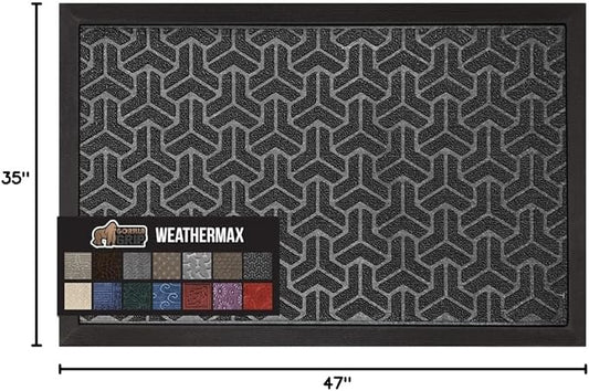 GORILLA GRIP 100% Waterproof All-Season WeatherMax Doormat, 47x35, Durable Natural Rubber, Stain and Fade Resistant, Low Profile, Indoor Outdoor Door Mats, Easy Clean Patio Entry Mat, Slate Geometric