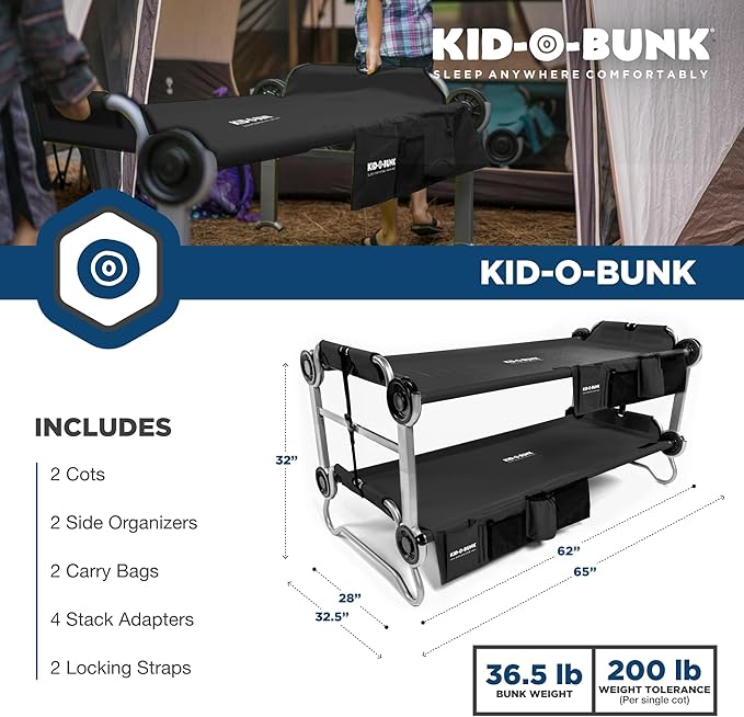 Disc-O-Bed Youth Double Cot Kid-O-Bunk, Modular for Bunk Beds, Dual Cots, or Bench with 2 Carry Bags for Portable Transport