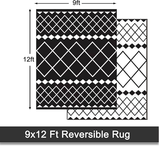 RURALITY Outdoor Rugs 9x12 for Patios Clearance,Large Waterproof Rug for Deck,Backyard,Balcony,Plastic Straw Mats for Camping,Reversible,Geometric