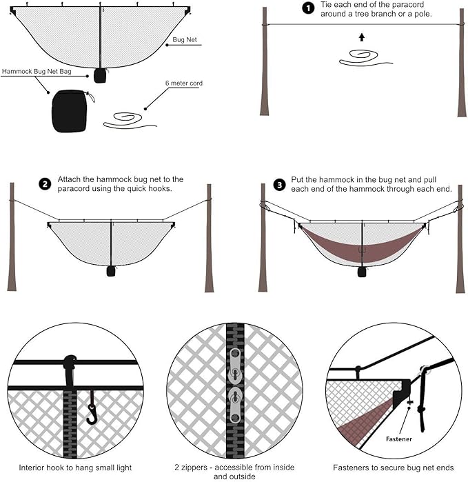 TOBWOLF Camping Hammock Net, Lightweight Outdoor Mosquito Net, 360 Degree Protection Polyester Netting with Dual Sided Zipper & Rope & Storage Bag (Not Include Hammock)