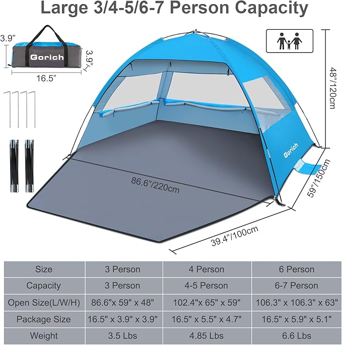 Gorich Beach Tent Sun Shelter for 3/4-5/6-7/8-10 Person with UPF 50+ UV Protection, Lightweight & Easy Setup Beach Shade Canopy, Portable Beach Shade Tent Beach Cabana