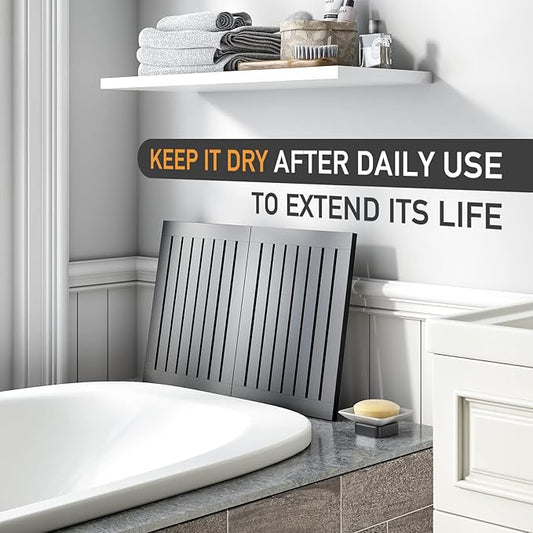 Waterproof Bamboo Bath Mat for Shower, Foldable | Non-Slip | Heavy Duty, Wooden Bath Mat, Floor Mat and Doormat for Indoor Outdoor (Black, 23.4 x 15.6IN)