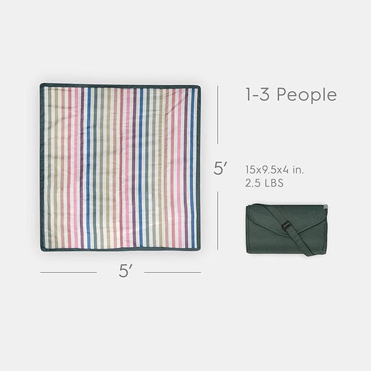 Little Unicorn 5'x5' Outdoor Family Picnic & Beach Blanket | Durable & Water-Resistant Fabric | Compact Fold & Easily Wipes Clean | Zipper Pocket (Chroma Rugby Stripe)