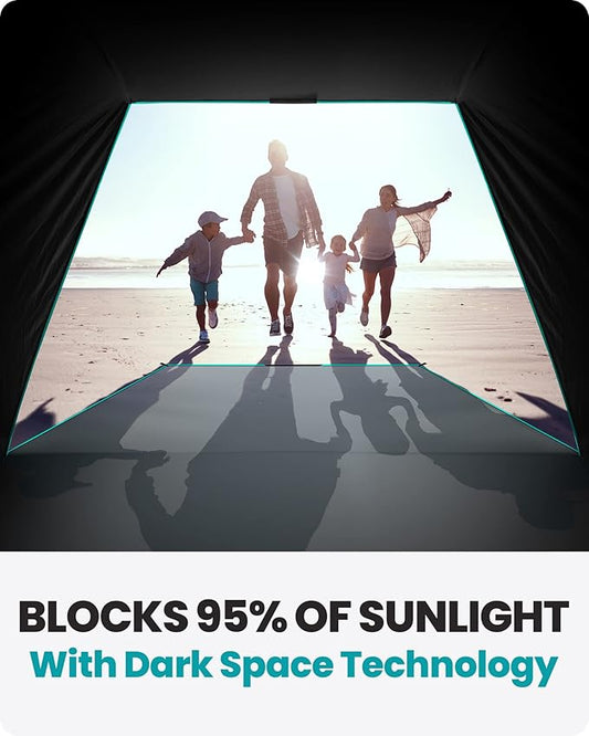 OutdoorMaster Beach Tent with Blackout Shelter Technology, Portable Beach Shade Sun Shelter Canopy for 4-6 Person with UPF 50+ UV Protection, Easy Setup Pop Up Tent Family Size