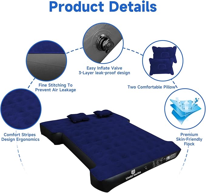 Umbrauto Truck Bed Air Mattress for 6-6.5ft Full Size Truck Beds, Inflatable Pickup Airbed Tent Sleeping Pad with Pump, Repair Patch, Pillows, Carry Bag