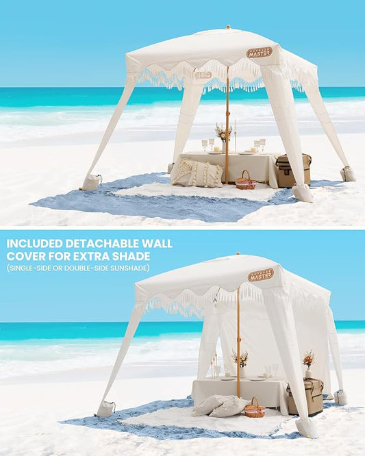 OutdoorMaster Beach Cabana with Fringes, Portable 6' x 6' Beach Canopy for Sand, Easy Set Up Sun Shelter, Included Side Wall, UPF 50+ UV Protection Sun Umbrella - for Family & Friends -Romantic White
