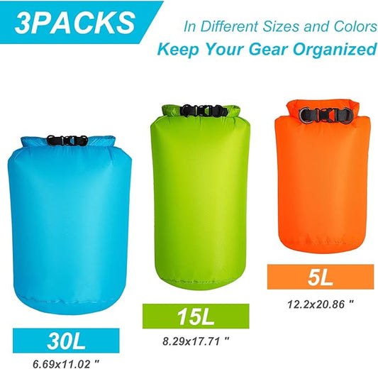 Waterproof Dry Bag 3-Pack, 5L/15L/30L Ultralight Dry Sack Portable Storage Pouch Pack for Hiking, Backpacking, Kayaking, Camping, Swimming, Boating