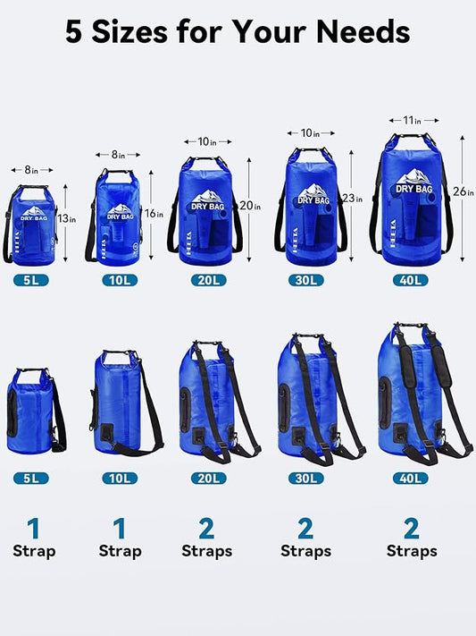 HEETA Dry Bag Waterproof for Women Men, 5L/10L/20L/30L/40L Roll Top Lightweight Dry Storage Bag Backpack with Phone Case for Travel, Swimming, Boating, Kayaking, Camping & Beach, 11 Transparent Colors