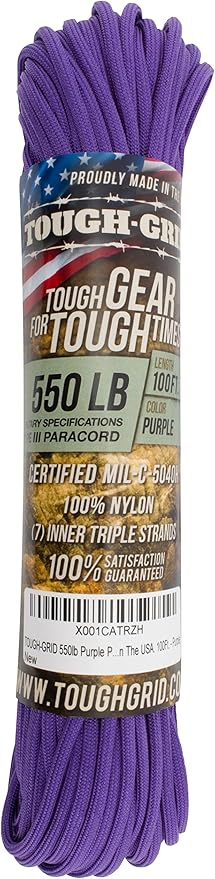TOUGH-GRID Premium Purple Paracord 550 lbs Made in USA Outdoor Survival Nylon Rope Tactical Heavy Duty Strands Parachute Cord Used by US Military Type III Mil-Spec