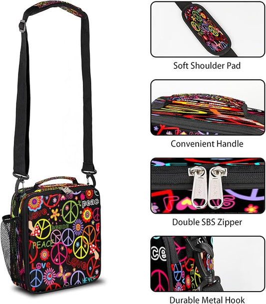Pardick Love Peace Sign Lunch Bag for Girls Boys Peace Symbol Flower Kids Lunch Tote Bag with Shoulder Strap Kid Insulated Lunch Box Cute Cooler Handbag for School Daycare Picnic Travel Outdoor