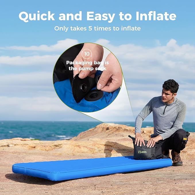 ATEPA Backpacking Sleeping Pad, 6.6 R-Value Insulated Ultralight Inflatable Sleeping Pad Thick Folding Camping Mattress with 7 Layers & Storage Bag for Camping Backpacking, Wide Long Size (78"x27")
