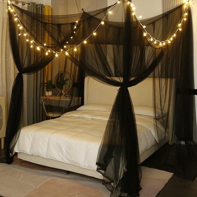 Mengersi Canopy Bed Curtains with Lights,Elegant Bed Canopy Curtains Bed Netting for Full Queen King Size Bed,Halloween Decoration,Gothic Black Room Decor Aesthetic